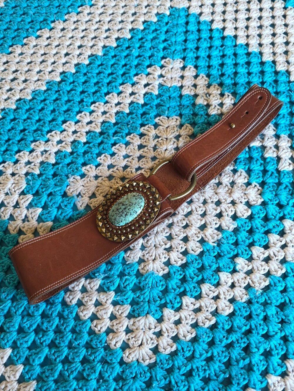 Leather Rock Leather Belt With Turquoise Buckle With Gild Studs